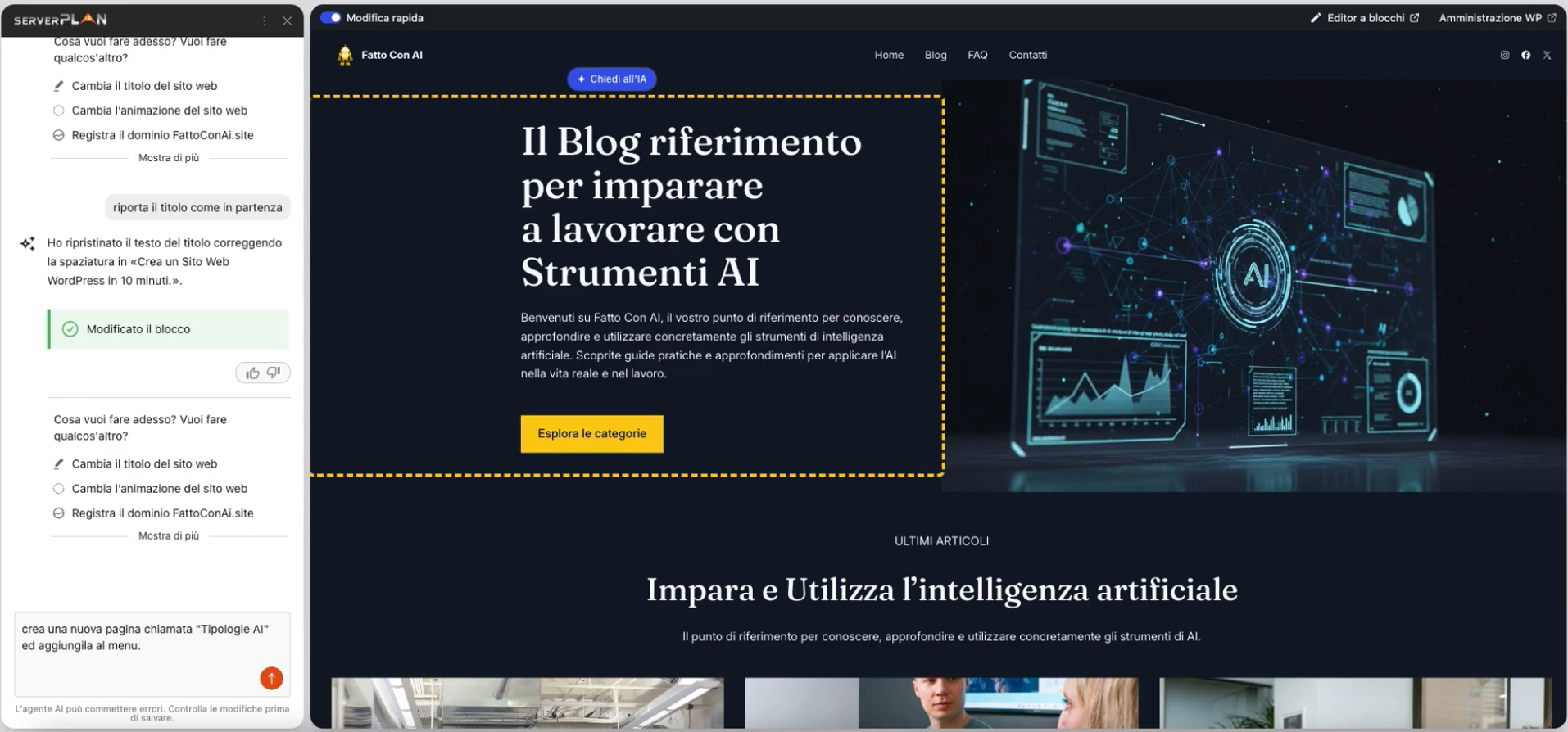 Creare una nuova pagina con AI Assistant di Server Plan